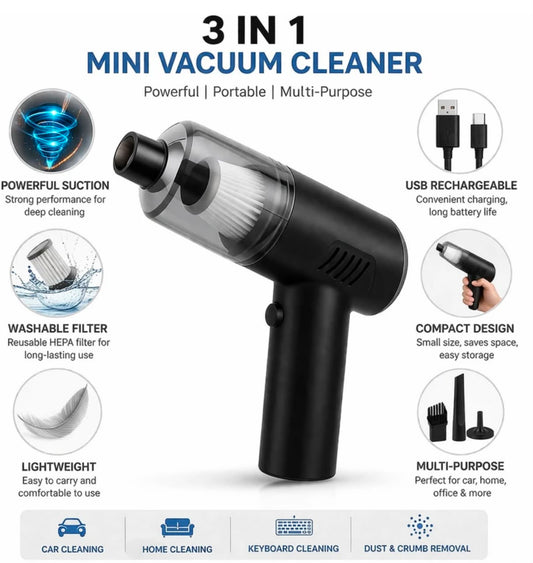 3-in-1 Portable Car Vacuum Cleaner with Blower, USB Rechargeable, Black, Wireless Handheld Mini Design, Strong Suction, Washable for Car, Home, Travel