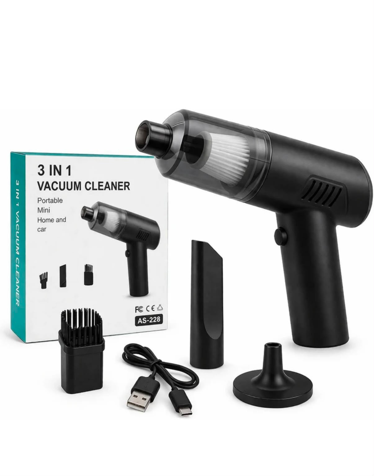 3-in-1 Portable Car Vacuum Cleaner with Blower, USB Rechargeable, Black, Wireless Handheld Mini Design, Strong Suction, Washable for Car, Home, Travel